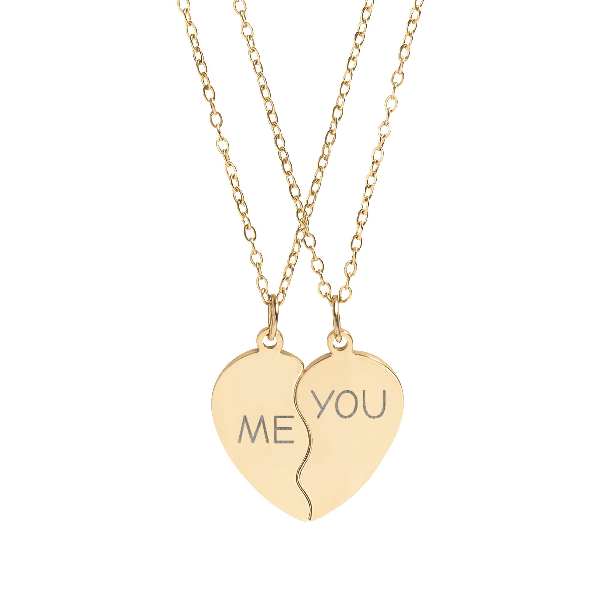 Break Apart Heart Necklace Set - Engraved "Me / You" Split Pendant for Couples