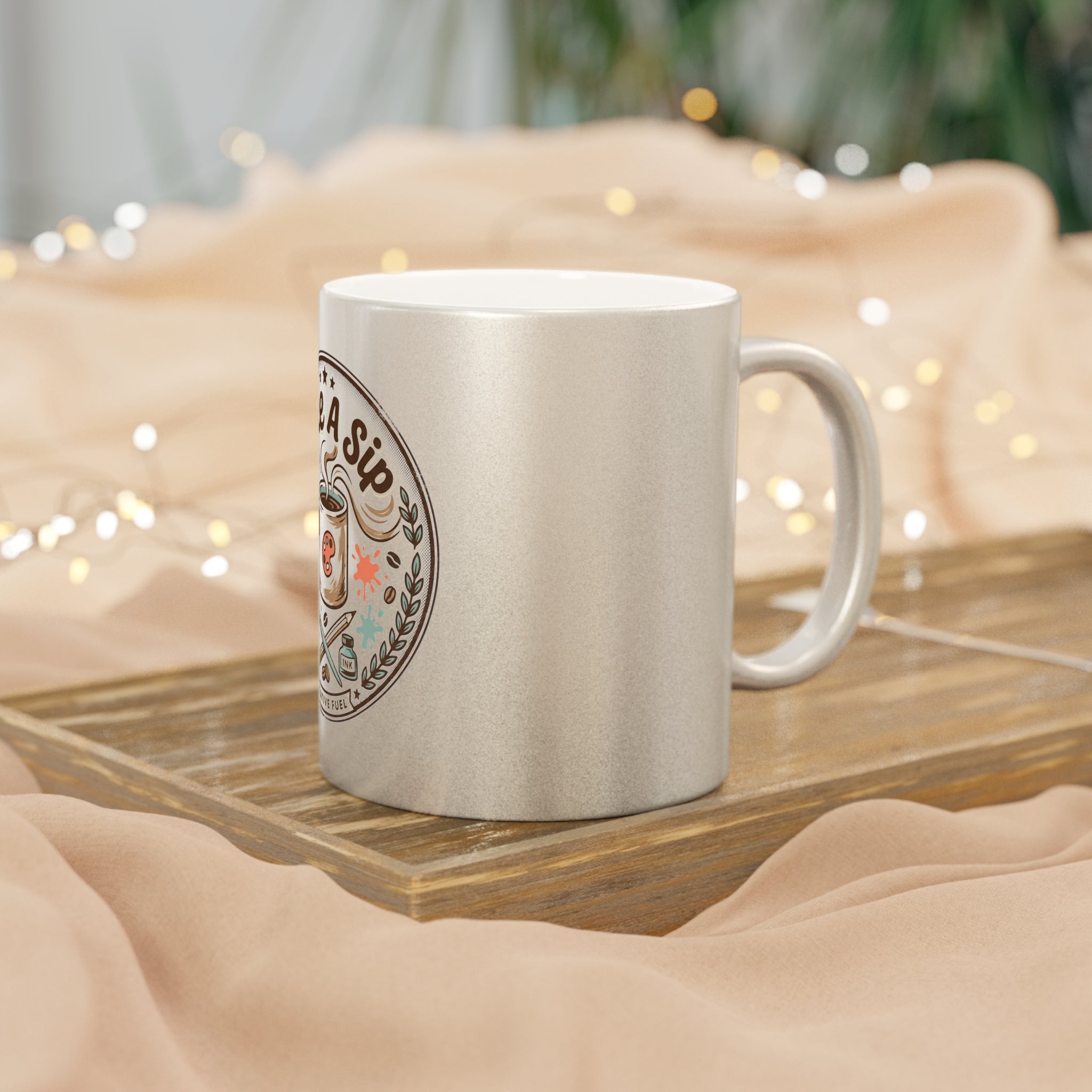 Metallic Mug — "Take A Sip" Artist Coffee Cup, Silver/Gold Shimmer