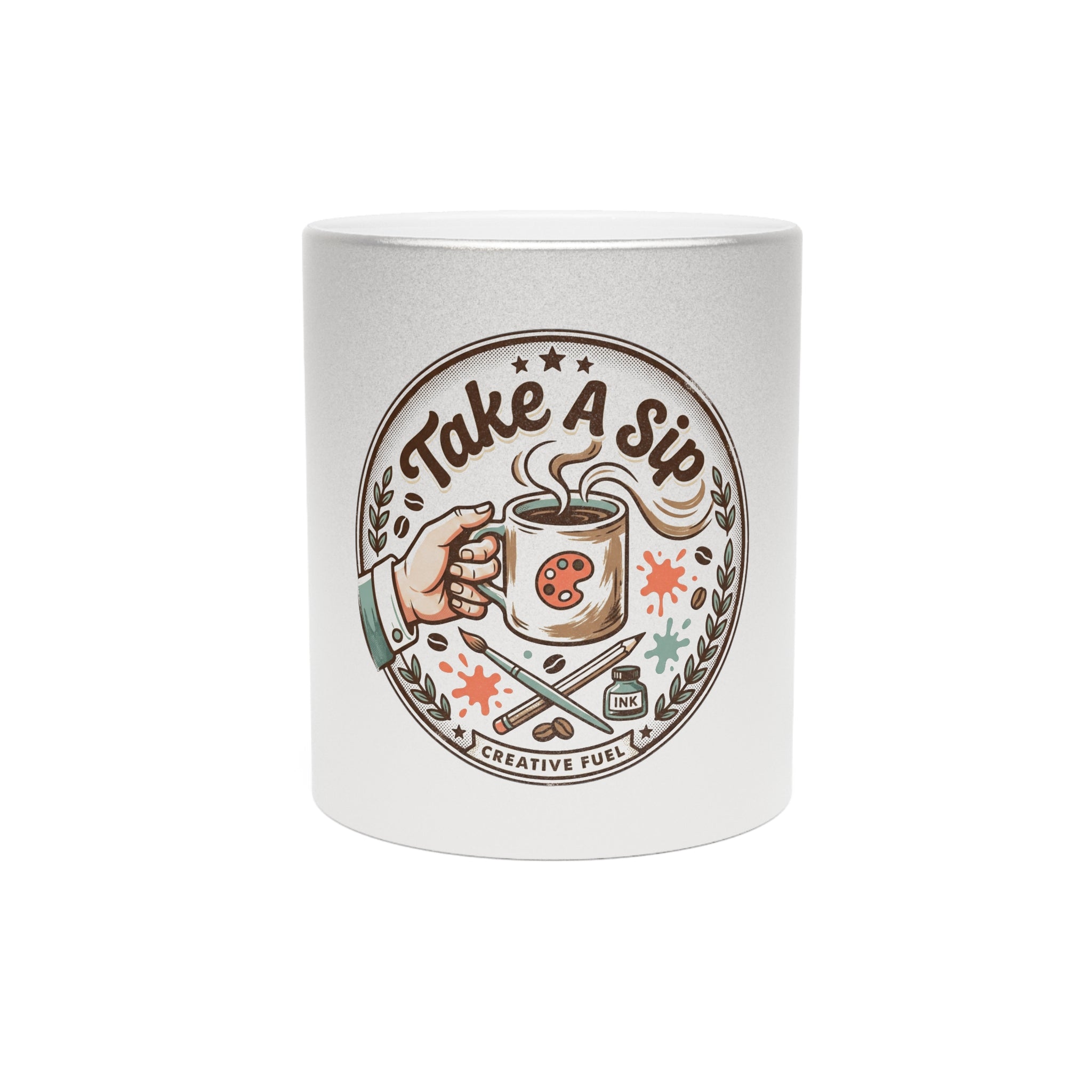Metallic Mug — "Take A Sip" Artist Coffee Cup, Silver/Gold Shimmer